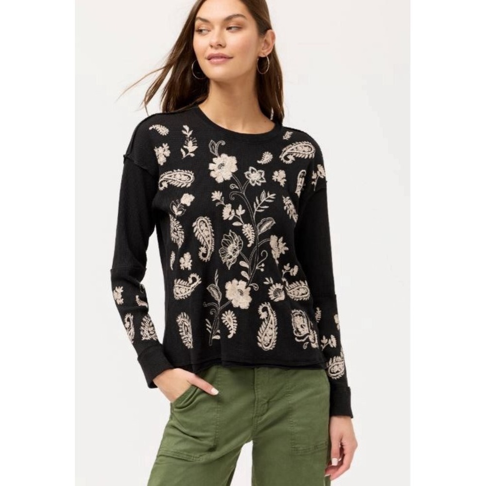 NWT Johnny Was Patchwork Thermal Top Sz S Embroidered Floral Paisley Boho $198